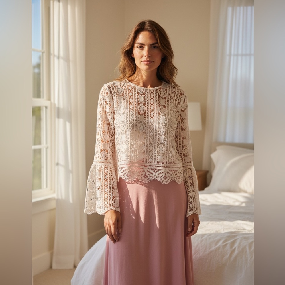 Elegant White Lace Women’s crochet bell sleeve  Top